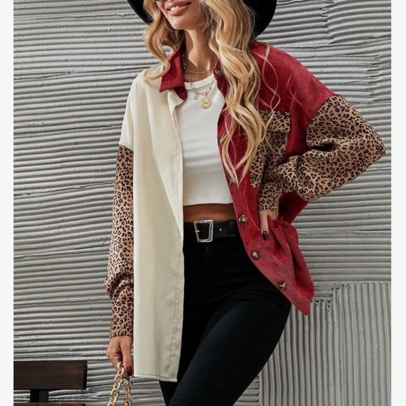 Cozy Corduroy Oversized Relaxed fit Leopard Print Patch Work Button Down Shirt - Picture 8 of 16